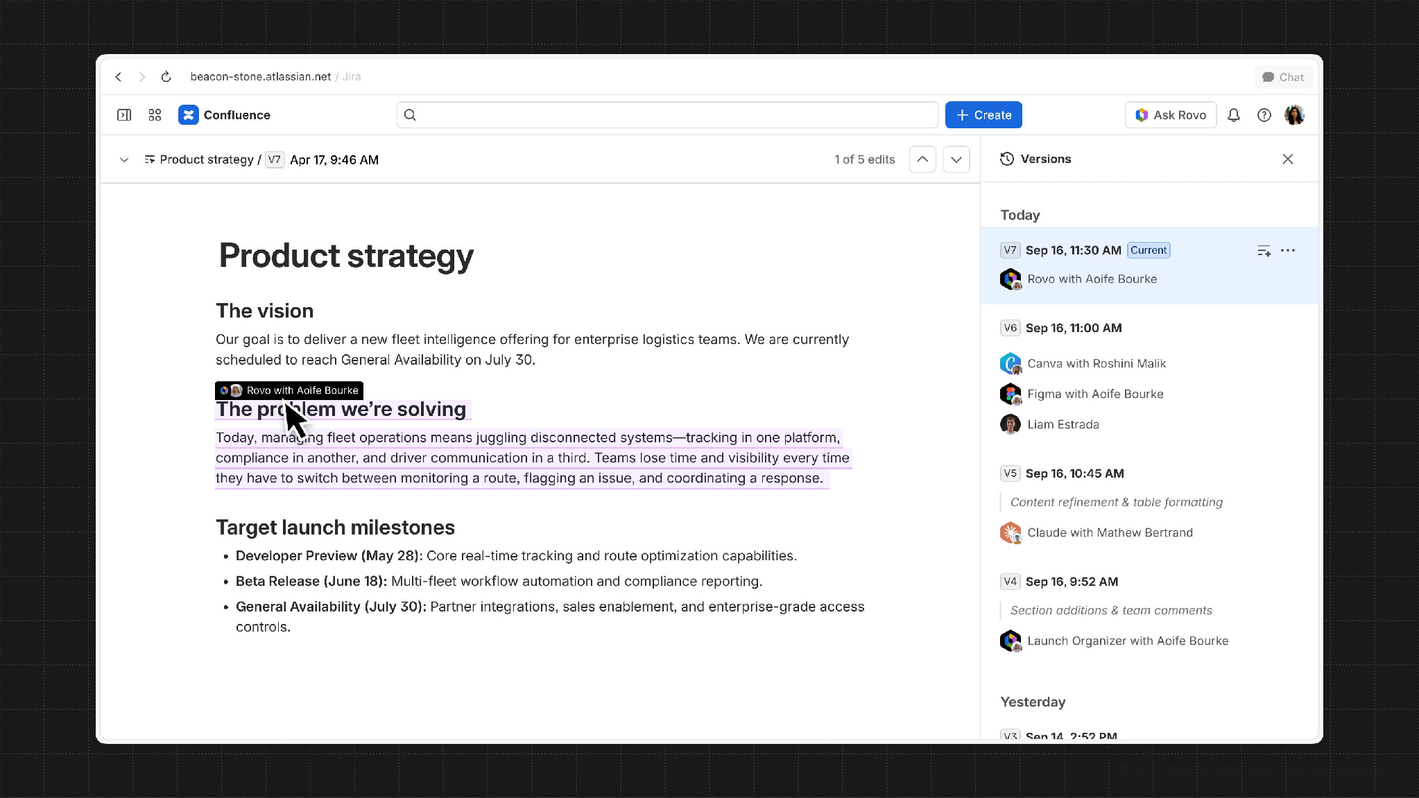 Confluence version history attributing edits to Rovo, Claude, Canva, Figma and people