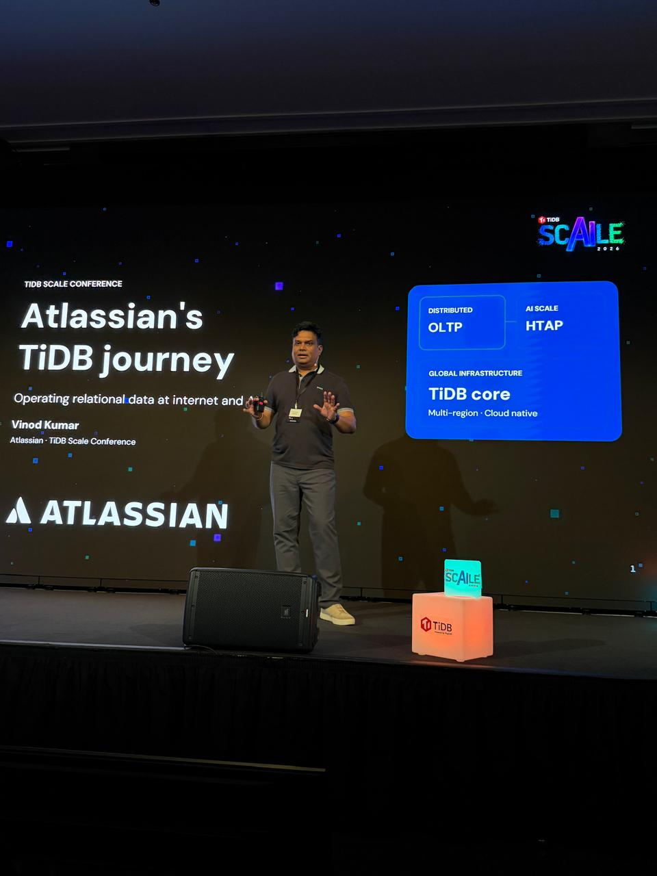 Vinod Kumar presenting Atlassian's TiDB journey at SCaiLE 2026